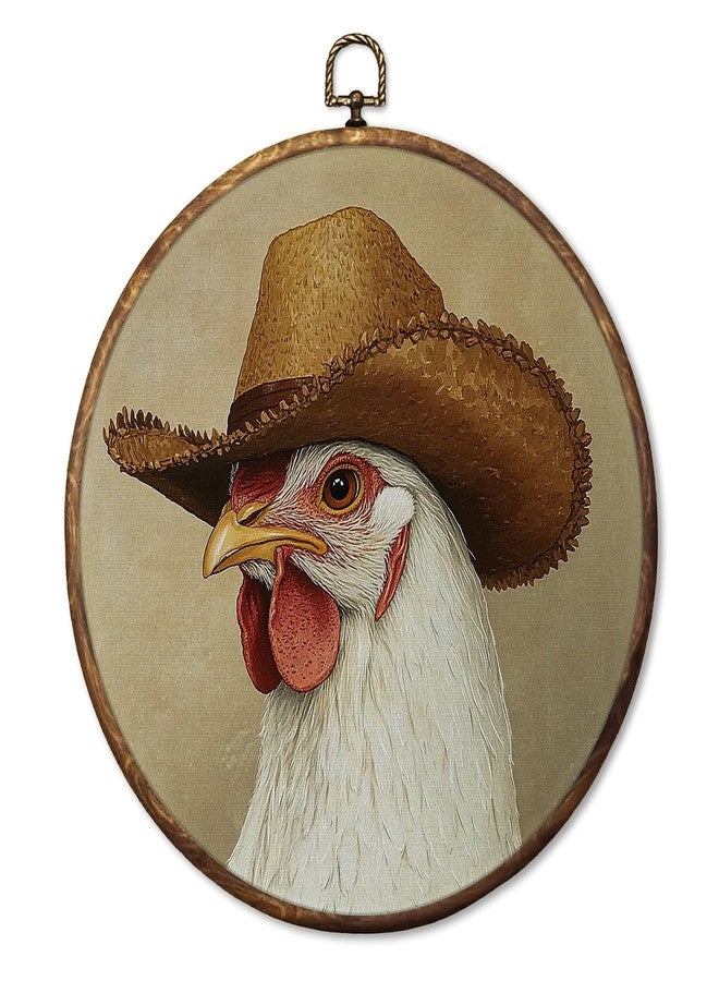 HUGANE Vintage Rustic Western Rooster Round Wall Art Decor, Southwestern Country Cowboy Chicken Hanging Canvas Framed Prints Wall Sculptures for Home Bedroom Living Room Decor, 10x10 Inch - Image 1